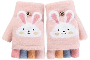 PRO-NOKE Cartoon Unisex Kids Fingerless Flap Cover Gloves - Convertible Flip Top Warm Mittens With Mitten Cover Cute Cartoon for 5-10 Ages Boys and Girls