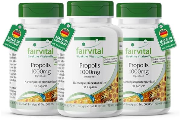 fairvital Propolis d'abeille 1000mg par dose journalière, 3 x 60 gélules, extrait naturel de propolis d'abeille, HAUTEMENT DOSÉ