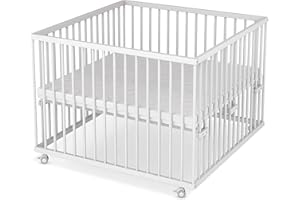 Sämann® Laufgitter 100x100 cm mit Matratze und Schlupfsprossen, stufenlos höhenverstellbar, Baby Laufstall, Buche, gummierte Rollen, Buche weiß lackiert