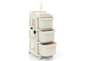 GIANTEX Rollwagen mit 3/4 Schubladen, Rollcontainer mit 6 Haken & 2 feststellbaren Rädern, mobiler Schubladenwagen für Werkzeuge, Dokumente (3 Schubladen)