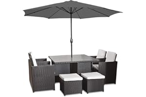 HARTS OUTDOOR FURNITURE Harts Premium Rattan Dining Set, Cube 8 Seats Garden Patio Conservatory Furniture inc Rain Cover & Parasol (Black Rattan)