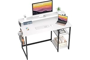 GreenForest Escritorio con Reposamonitores Ergonómico, Escritorio Blanco 100 x 50 cm con 2 Estantes Regulables y Montaje Reversible, Mesa de Ordenador para Oficina en Casa, Estudio y Gaming, Blanco