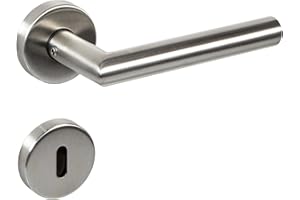 Gedotec Drückergarnitur Edelstahl matt gebürstet [BB - Buntbart] 1x Tür Beschläge Rund-Rosette I Türgriffe Innentüren L-FORM I Türklinke für Türstärke 35–47 mm | Türdrückergarnitur mit Schrauben