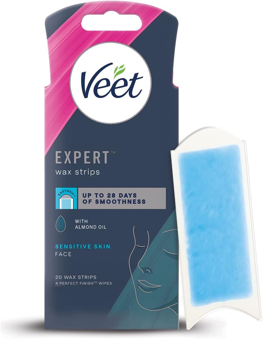 Veet Expert Waxing Strips for Sensitive Skin - 20 Cold Wax Strips & 4 Finish Wipes for Eyebrow, Facial Hair Removal - Hydrating, Exfoliating, Ideal for Face