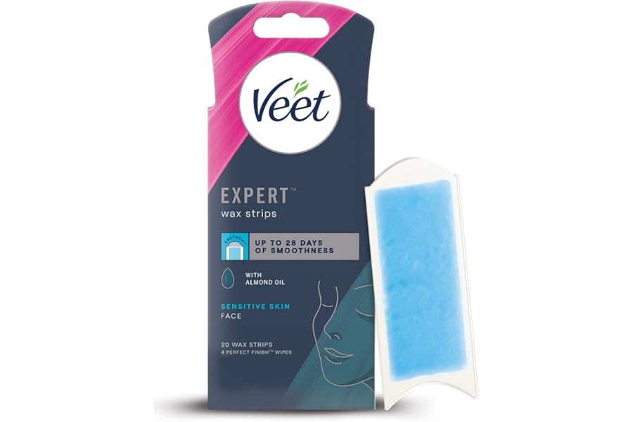 Veet Expert Waxing Strips for Sensitive Skin - 20 Cold Wax Strips & 4 Finish Wipes for Eyebrow, Facial Hair Removal - Hydrating, Exfoliating, Ideal for Face