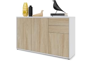 Vladon Sideboard Ben V3, Kommode mit 3 Türen und 2 Schubladen, Weiß matt/Eiche Sägegrau (117 x 74 x 36 cm)