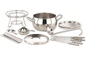 APS Set di Ciotole per fonduta e pinze da Fuoco, Coperchio in Acciaio Inox lucidato a Specchio, Telaio Cromato, mestolo, per Circa 2,2 Litri di Liquido, Ø22 cm, Altezza 23 cm