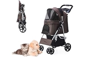 LPOTIUS Hundewagen Faltbarer Hundebuggy Hundebox Transporttasche bis 15 Kg Haustier Buggy mit Netzfenstern Haustier Transportwagen Hunde Jogger Buggy Katzen Wagen (Braun)