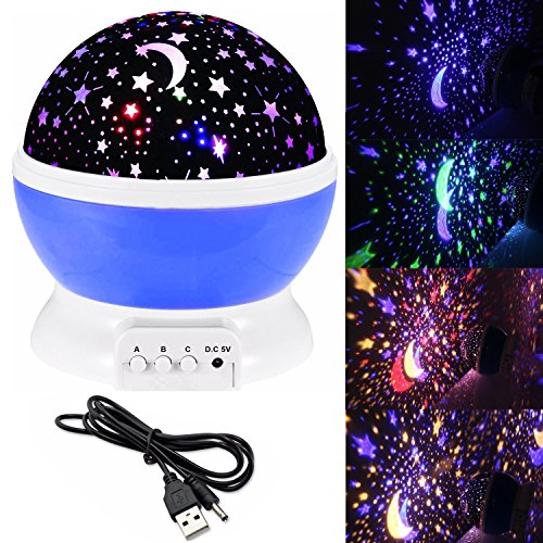 Preisvergleich Produktbild Sternen-Nachtlicht Projektionslampe Beleuchtung Nachtlicht Sternenhimmel Projektor 360 Grad Romantische Nacht Lampe Tischlampe mit USB für Schlafzimmer, Kinder Zimmer, Weihnachten, Hochzeit, Geburtstag, Party (Stern-Mond, Blau)