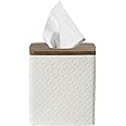 Motifeur Bathroom Accessories - Ceramic Tissue Holder with Wooden Lid, Decorative Square Tissue Cover Box (White and Beige)