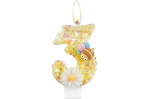 MCISKIN Candele di compleanno a fiore, numero 3 candele con ape per torta, decorazioni per il 3° compleanno delle ragazze, candele di compleanno gialle glitterate, candele per torta di miele per ragazze