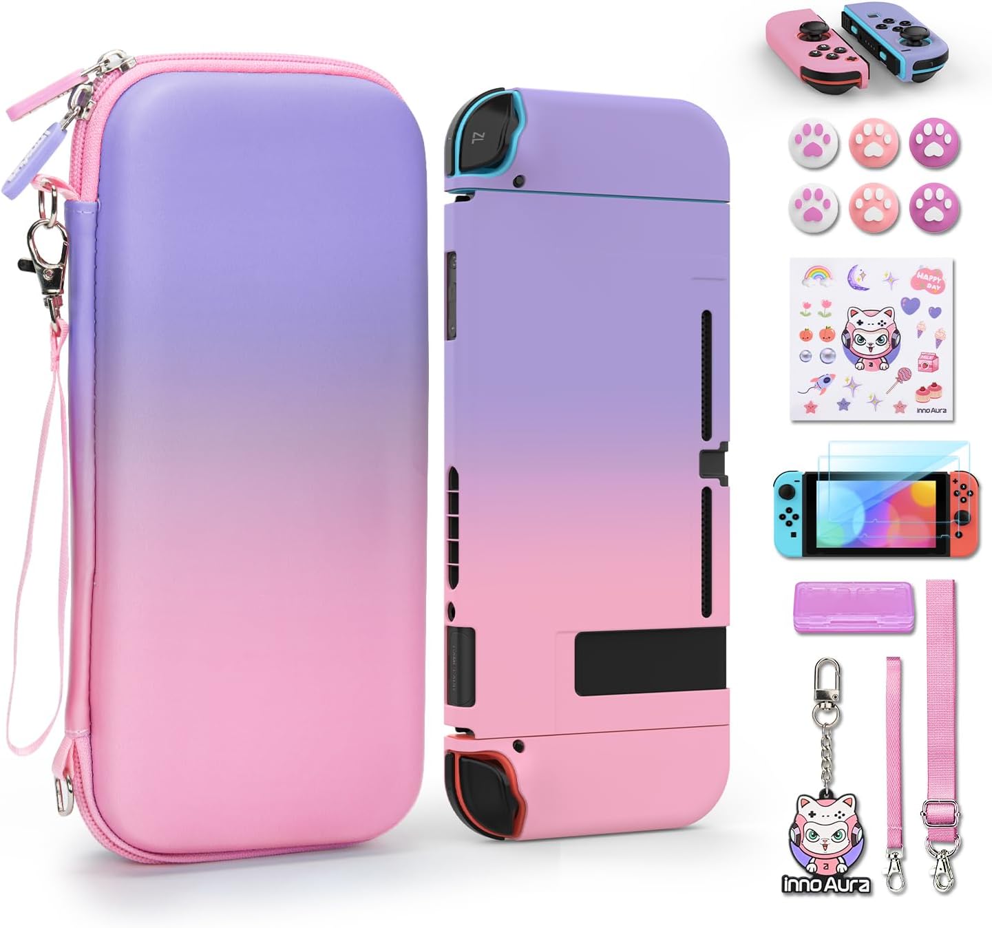 innoAura - Funda para Switch NS, innoAura Switch - Kit de Accesorios para Interruptor con Funda de Transporte Switch, Protector de Pantalla Switch, Funda para Juego Switch