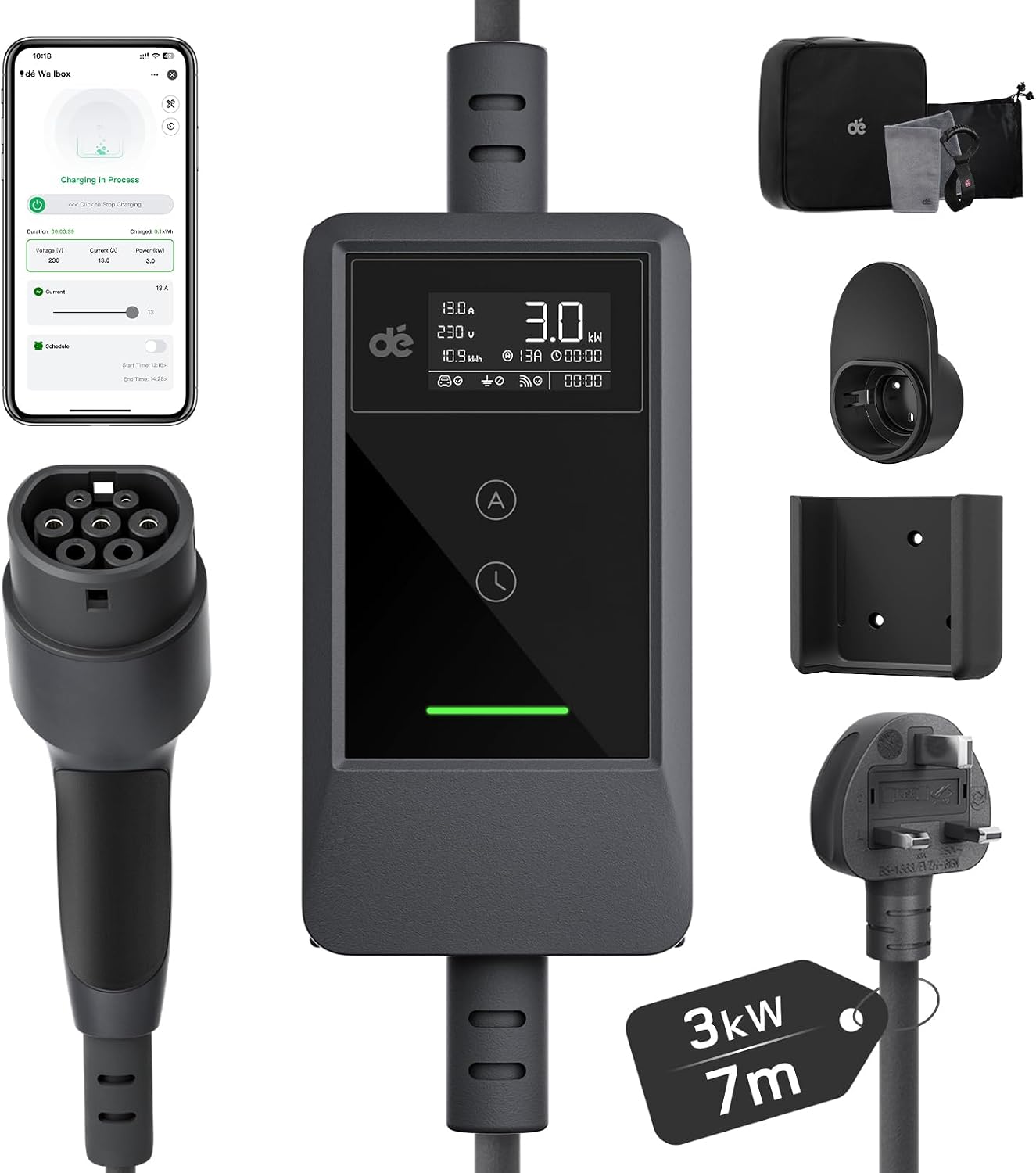 EV Charger Cable Type 2 to 3 Pin Plug, dé 3kW App [7m, 6-13A] Electric Car Charger, Type 2 Charging Cable Compatible with Model Y/3, Q4, Enyaq, Spring, Kuga, 5 E-Tech and Other Type 2 EVs/PHEVs