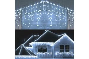 JNDEE Icicle Christmas Fairy Lights Waterproof Outdoor/Indoor use. ICY Cool White 300 LED 6M Wide 60 Drops Plus a Massive 10M Lead Cable, 8 Modes, Low Safe Voltage