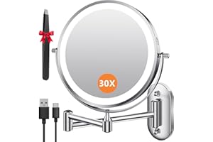 Auxmir Lighted Wall Mounted 30X Magnifying Makeup Mirror, 8" Double-sided 360° Swivel Shaving Mirror with Extendable Arm, 3200mAh Rechargeable Dimmable Mirrors with Tweezer for Bathroom and Hotel