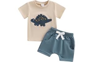 Bufarromio Toddler Baby Boys Summer 2Pcs Outfits Short Sleeve Dinosaur Embroidery T-shirt Elastic Waist Shorts Clothes Set 3M-3T