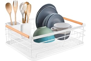 M.J COMFY-LIFE Dish Drainer Rack with Removable Drip Tray - Large Space Saving Kitchen Drying Rack for Plates, Bowls & Cutlery - Rust-Proof Metal Frame with Wooden Handles (WHITE)