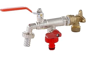 Wärmer System Grifo de jardín de doble salida + codo de placa de compresión para pared, 15 mm, latón, para