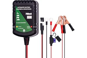 Unocho Cargador de batería Inteligente y automático de 12 voltios y 750 mA para automóviles, Motocicletas y baterías Selladas de Plomo ácido, con Mantenimiento y Carga Lenta Inteligente