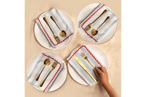 Folkulture Cloth Napkins | (18" x 18") Blue Cloth Napkins Set of 4 for Dining Table | Stripe Blue & Red Dinner Napkin or Rick Rack Napkins for Kitchen | Reusable Linen or Table Linens Washable