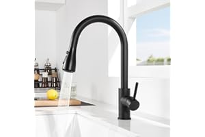 DERW Black Kitchen Tap, Kitchen Mixer Taps with Pull Out Sprayer, Swivel Spout with 2 Modes Spray, Stainless Steel Construction, Single Handle for Easy Control, Anti-Burst Hose, Quick Installation