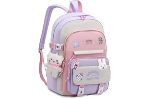 Tanou Mochilas Escolares Niña, 20 Litros Mochila para Niñas con Colgante de 8 a 12 Años, Ligera e Impermeable Mochila Kawaii Escolar de Nailon para Niñas, Morado