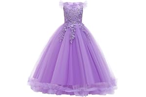 IBAKOM - Vestido de princesa para niña, encaje floral, sin mangas, dama de honor, boda, cumpleaños, fiesta, comunión, maxi vestido de baile elegante