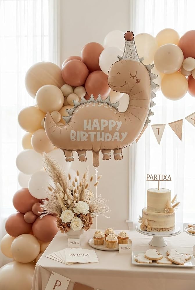 Happy Birthday Retro Açık Kahverengi Dinozor Temalı Folyo Balon | Çocuk Doğum Günü Parti Süsleme Dekorasyon Balonu