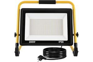 ‎FIVMEN FIVMEN Baustrahler 200W 16000LM LED Strahler Arbeitsleuchte mit Standgestell und 3m Kabel Stecker Baulampe Flutlicht Wasserdicht IP66 für Garage Werkstatt Baustelle, Kaltweiß