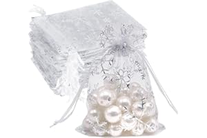 HRX PACKAGE 100pcs Organza Gift Bags White Snowflake 9 x 12 cm, Small White Mesh Jewelry Pouches Little Drawstring Candy Bags for Christmas