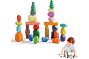Promise Babe Jouets en Bois Montessori pour Enfants,28 PCS Forêt Arbres Pierres empiler Pierres d'équilibre Pierres de Construction, Jouets en Bois à empiler Trier Empiler Pierre d'équilibre Déco 3+