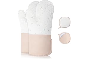 Romon Manoplas Horno Juego de 4 Piezas (2 Guantes Horno + 2 Protectores de Plato), Resistentes al Calor hasta 350°C, Antideslizantes en Silicona Lavables y almacenables para Cocina y Barbacoa Beige