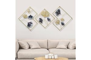 KANGTEN Scultura da parete in metallo con foglie di ginkgo, color oro e blu, decorazione da parete anticata, 164 x 70,5 cm, sfondo da parete per soggiorno