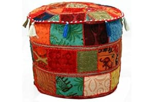 BHAGYODAYFASHIONS Indyjski okrągły patchworkowy haftowany pokrowiec na podnóżek, do wnętrz i salonu, ergonomiczna konstrukcja dla wsparcia ciała, trwała i wygodna dekoracja boho, otomana pufa (wielokolorowy, 45 x 35 cm)