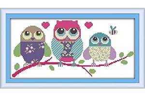 LECZANY Kit de bordado de punto de cruz con estampado de bricolaje Kits de inicio para principiantes preimpresos de línea completa - Búho de dibujos animados 48x24cm