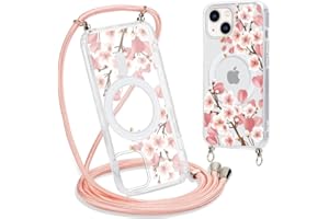 Yoedge Magnetisch Handyhülle Handykette für iPhone 14/iPhone 13 6,1" Hülle mit Band, Transparent Case Kompatibel mit Magsafe, Silikon TPU Stoßfest Kordel Schutzhülle Cover mit Aesthetic Muster Blumen5