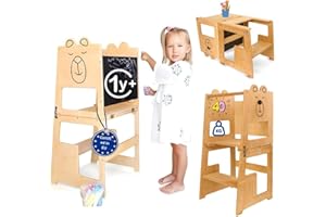 KAUZA Torre Montessoriana 3-in-1 per Bambini da 1 Anno, Trasformabile e Pieghevole in Legno Naturale con Lavagna, Torretta di Apprendimento con Tavolo e Sedia, Sgabello Cucina e Bagno Sicuro