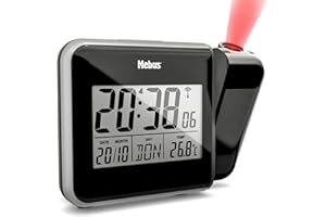 Mebus digitaler Funkwecker mit Projektion der Uhrzeit an Decke Wand, INKL. Netzstecker, Batteriebetrieb Möglich, Dauerprojektion, schwenkbar, Thermometer/Farbe: Schwarz/Modell: 42425