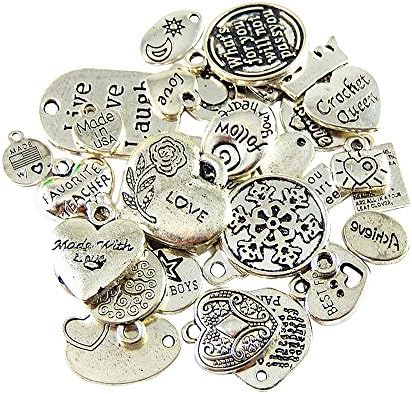 Julie Wang Mixed Antique Silve Alloy Ramdon Engraved Words Pendant Charms Crafts Jewelry 40pcs