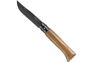 Opinel - N°08 Couteau Pliant - Lame Inox Finition Noire - Manche Chêne - Coupe Parfaite, Entretien Facile - Bague de Sécurité Virobloc - Fabrication France