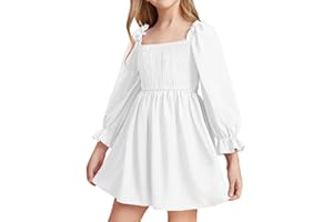JiAmy Girls Dress Long Sleeve Square Neck Dresses Spring Summer Kids Casual Elegant Wedding Party A-Line Skirt Clothes for Girl 4-14 Years