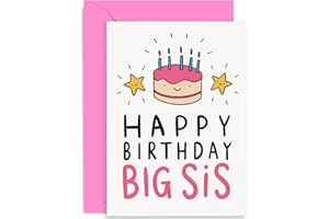 OLD ENGLISH COMPANY Old English Co. Happy Birthday Card for Big Sister - Cute Birthday Cake Greeting Card for Sis from Little Brother, Sibling - Pink Cake and Candle Birthday Card for Her | Blank Inside with Envelope