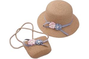 REYOK Chapeau de Soleil pour Filles et Mini Sac à Main en Paille, Chapeau de Paille pour Enfants et Petit Sac avec décoration Florale, Chapeau de Paille d'été pour la Plage, Chapeau de Soleil
