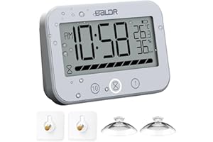 LINDAHOME Waterproof Bathroom Timer Shower Wall Clock with Temperature Humidity, Large Display Digital Visual Progress Bar Countdown Kitchen Timer, Kids Bath Hanging Alarm Clock with Suction Cup, 12/24H (White)