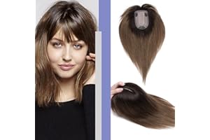 Elailite Lace Hair Topper Donna con Frangia Extension Capelli Veri Clip 30cm 38g Protesi Toupee Toupet Silk Base 7cm*13cm 100% Remy Human Hair - 2# Marrone Scuro Shatush #6 Castano