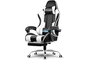 LUCKRACER Gaming Chair with Footrest, Massage Computer Chairs for Adults, Ergonomic High Back Support Height Adjustable Heavy Duty PC Chair(Faux Leather, White)