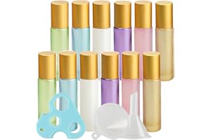 TIANZD Lot de 12, Flacons à Bille pour Huiles Essentielles 10ml – Bouteilles Roll-on en Verre Mixte avec Couvercle Or avec Rouleau en Acier Inoxydable (1 décapsuleur et 1 entonnoir)