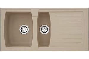 Respekta Évier minéralite en Beige Sable - Évier intégré 1,5 bac en 100 x 50 cm - Adapté aux Meubles sous-évier dès 60 cm de Largeur