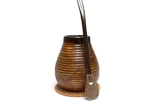 Mate Green Yerba Maté Set ● Tasse à Maté en Céramique 350 ml ● Paille Bombilla en Acier Inoxydable 19 cm ● Calebasse Faite à la Main ● Tampon en Liège