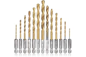 Mesee 13 Stück HSS Spiralbohrer Set, 1/4" Sechskantschaft Titanbeschichtetes Metallbohrer Set, Schnellwechsel Impact Control Spiralbohrer für Holzbearbeitung, Kunststoff 1,5-6,5mm
